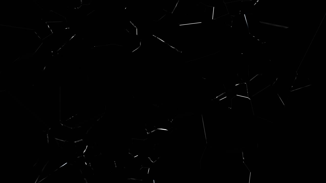 Sharp glass shards slowly rotating and falling on black. Abstract breaking concept, minimalist motion design for titles or transitions