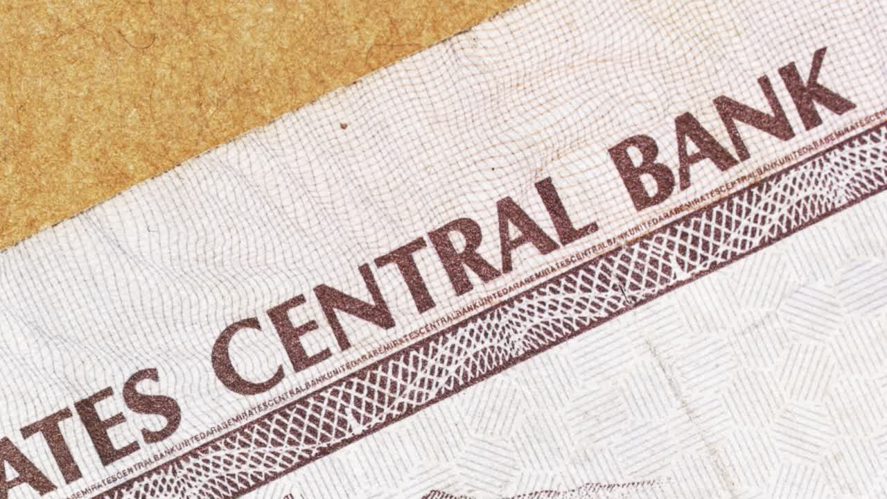 Macro pan revealing United Arab Emirates Central Bank text on a dirham note