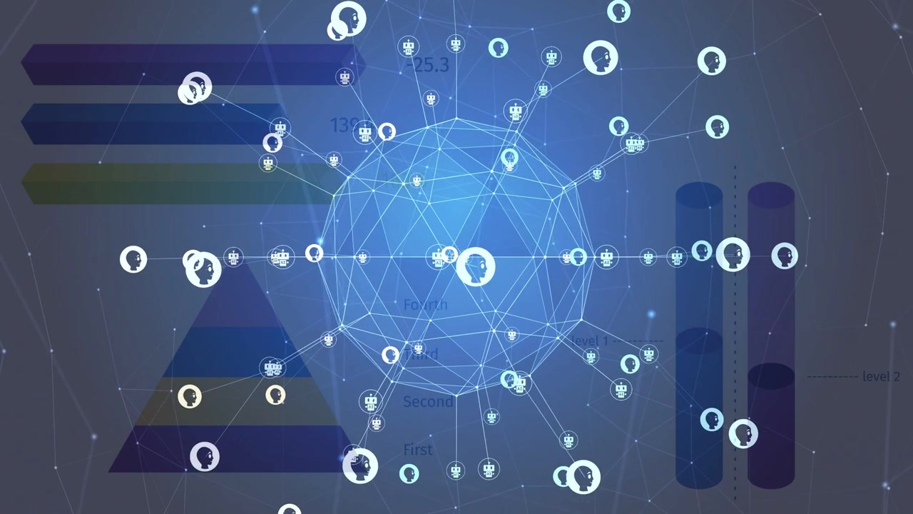 Pulserende 3D-wireframe-hub roterer og sender links, oplyser brugernoder og visualiserer netværk.