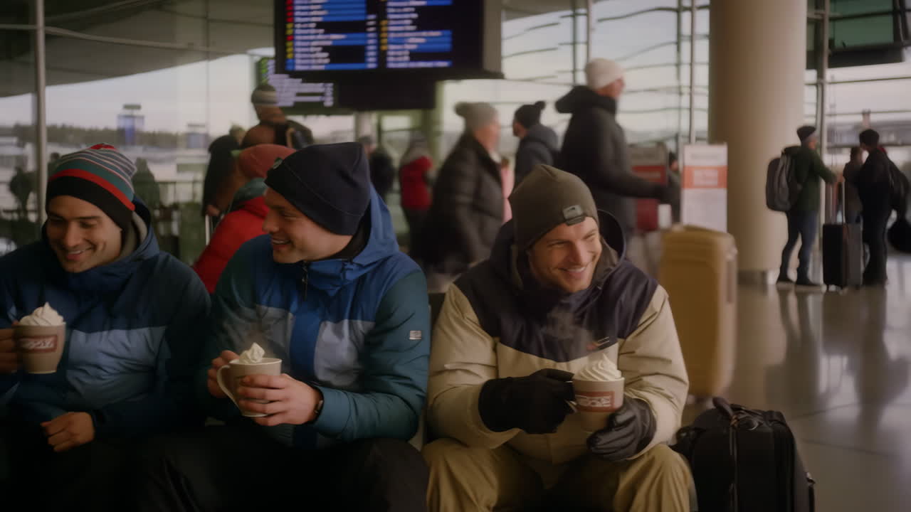 Group of men drinking coffee at the airport