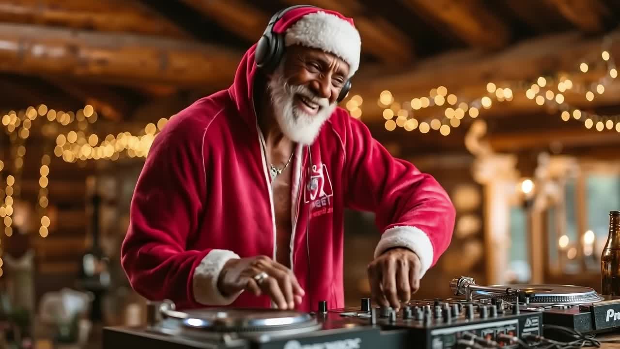 A man in a santa claus outfit playing a dj set