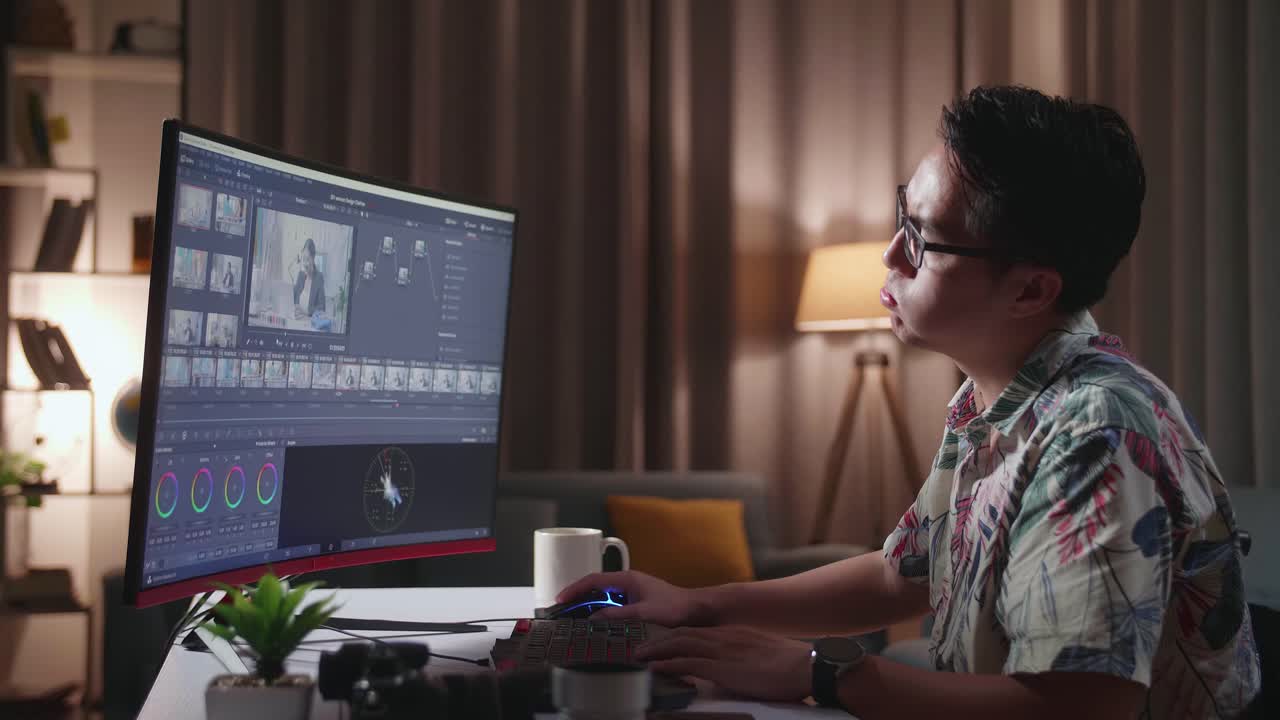 editor de video trabajando hasta tarde en casa