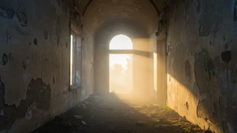 an enigmatic light fills an abandoned hallway, illuminating the dust and decay of time in a mysterious, weathered structure