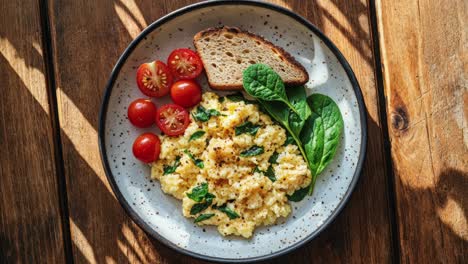 scrambled eggs with toast and vegetables