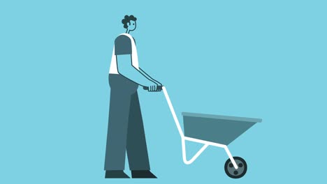 diseño gráfico hombre audaz personaje caminando con carro de construcción aislado bucle animación 2d. luma mate.