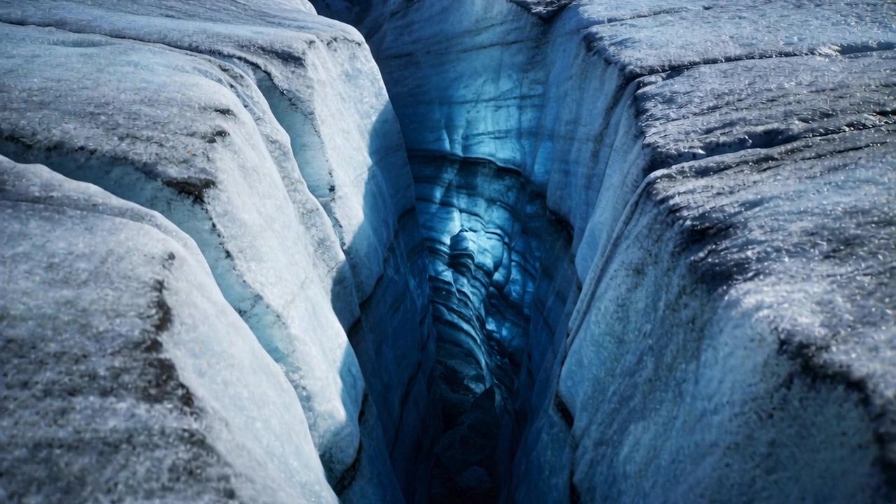 Moving camera revealing deep narrow glacier crevasse on glacier surface, exposing blue ice strata