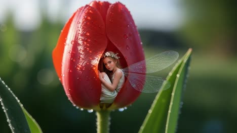 a dreamy fairy girl nestled within a vibrant red tulip petal surrounded by dew drops, representing enchantment and nature's beauty in an ethereal setting
