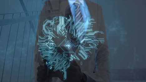 animación del procesamiento de datos sobre un médico caucásico con una tableta