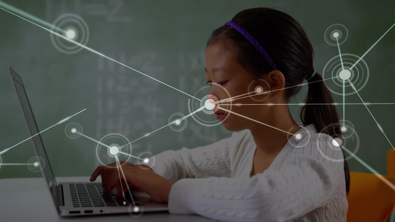 Animation of network of connections over hands of asian girl typing on laptop
