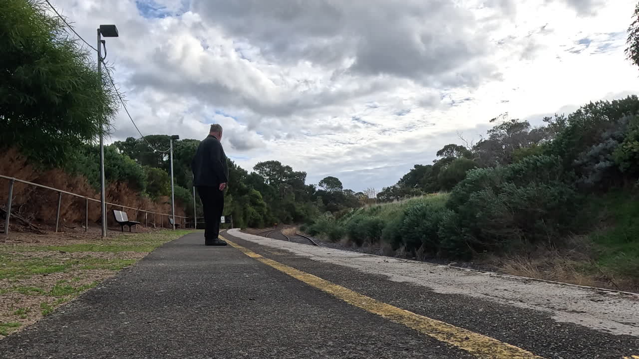 외로운 통근자는 시골 기차역에서 참을성 있게 서서 구름이 가득한 하늘 아래 초록색으로 둘러싸여 기차의 도착을 기대하고 있습니다.