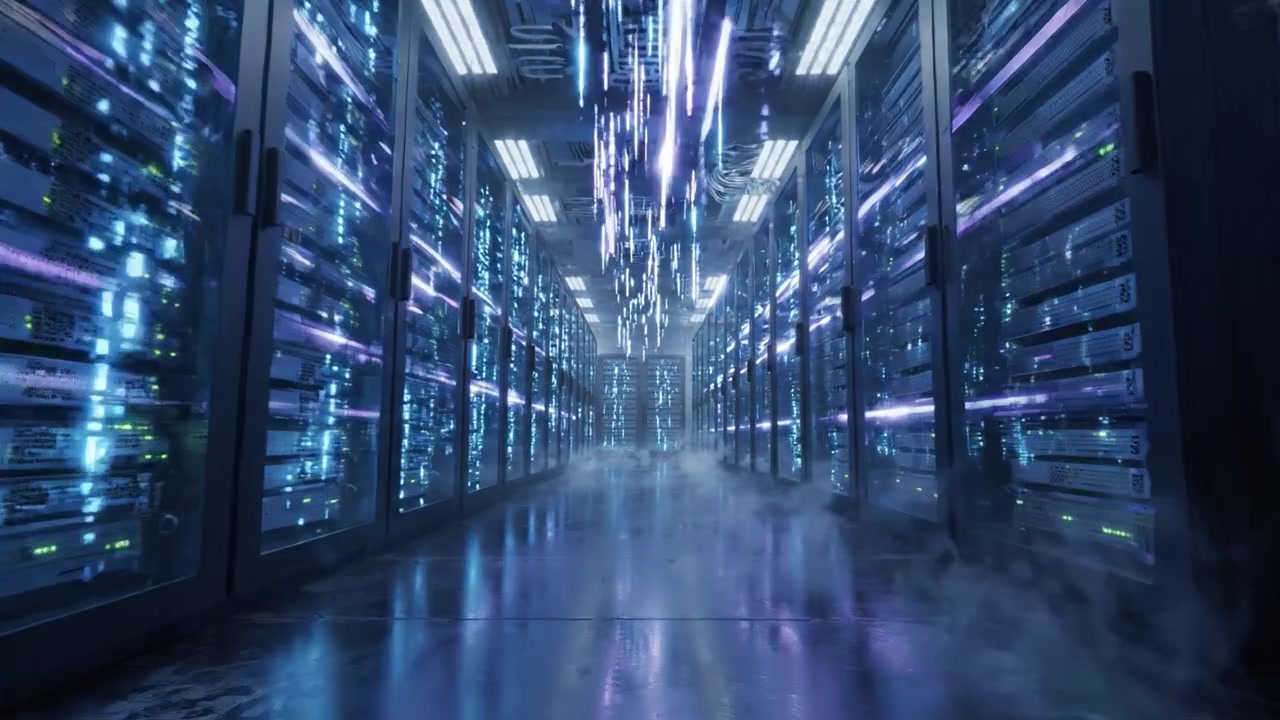 Futuristisk datacenter med lysende serverreoler: Den æteriske vej for digital konnektivitet og teknologisk fremskridt i et virtuelt miljø