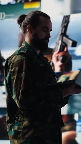 vertical video military personnel monitoring drone and satellite imagery to gather data
