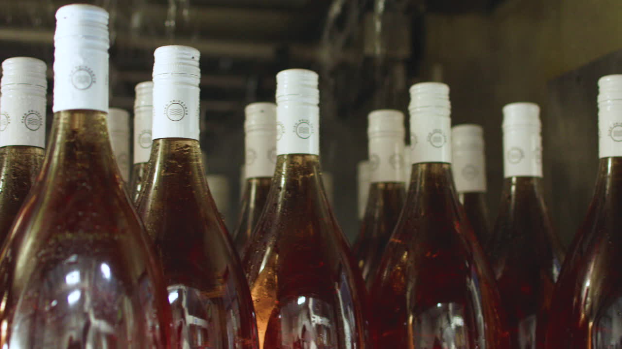 Factory clip showing individual washing of already filled and corked glass bottles with high-pressure water sprinklers.