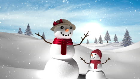 digital animation of snow falling over female and kid snowman on winter landscape