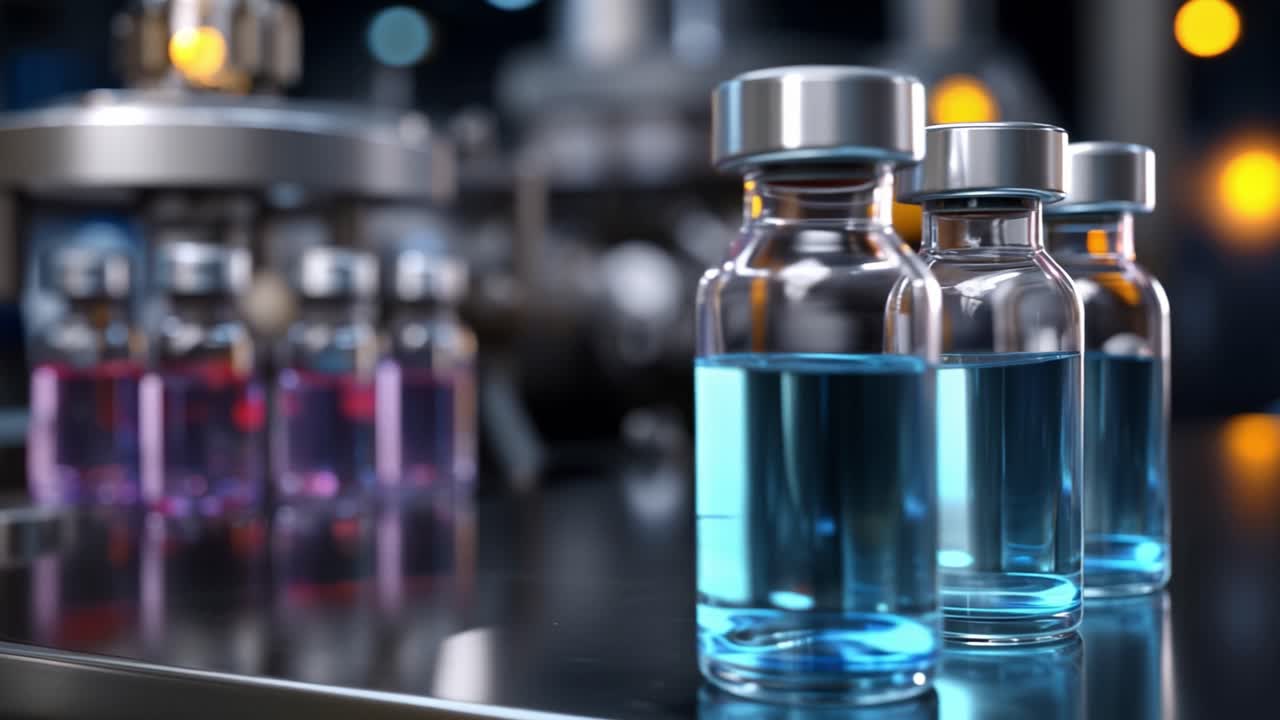 Ambiente di laboratorio sofisticato che mostra fiale colorate, catturando l'essenza della ricerca farmaceutica, i progressi nei vaccini e le innovazioni di laboratorio.