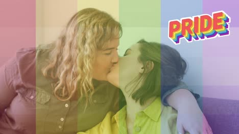 animación de la bandera del arco iris sobre una pareja de lesbianas besándose