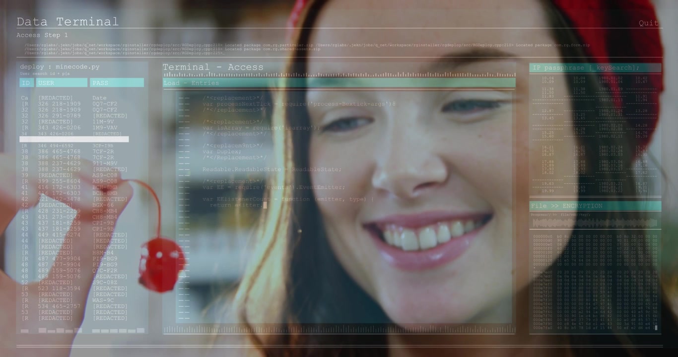 Animation of data processing against close up of a caucasian woman holding a cherry