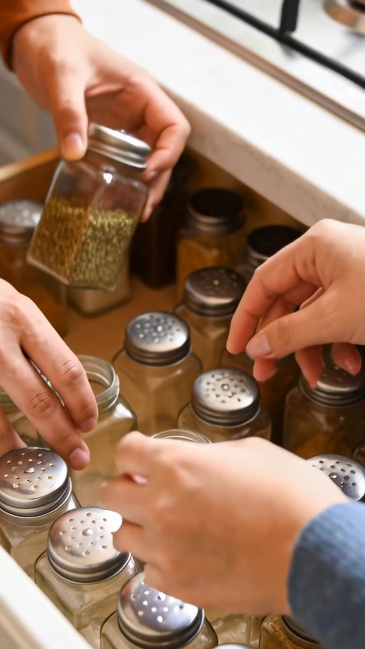 Video verticale: Apertura cassetto della cucina, due persone con maglie blu e arancioni riempiono barattoli, scambiando coperchi.