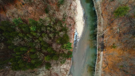 aerial footage of the sediment in a river running through a wooded area