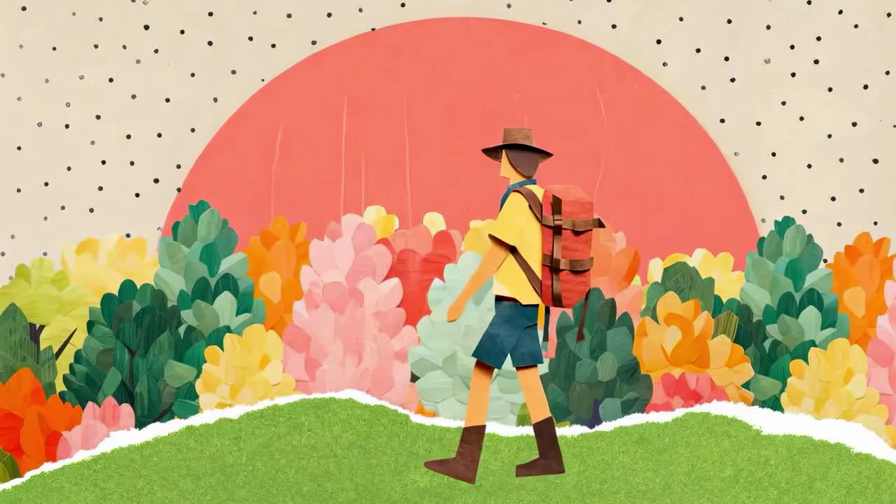 Une animation vidéo fantaisiste mettant en scène un randonneur traversant des paysages colorés en papier découpé