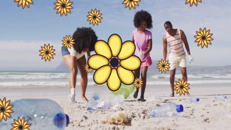 Animation-Von-Blumen-über-Afroamerikanischen-Weiblichen-Und-Männlichen-Freiwilligen,-Die-Am-Strand-Müll-Aufsammeln