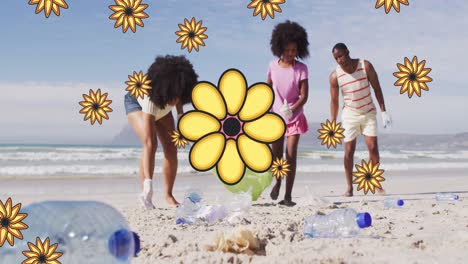 animation of flowers over african american female and male volunteers picking up rubbish on beach