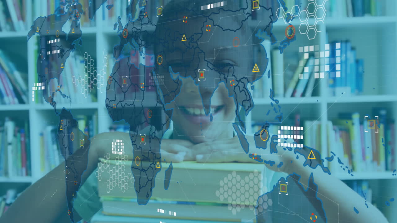 Smiling child with books over world map and data visualization animation