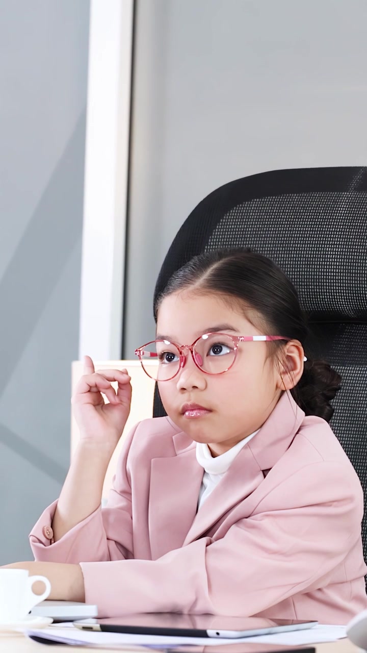 Una bambina vestita da donna d'affari professionista riflette su delle idee a una luminosa scrivania d'ufficio.