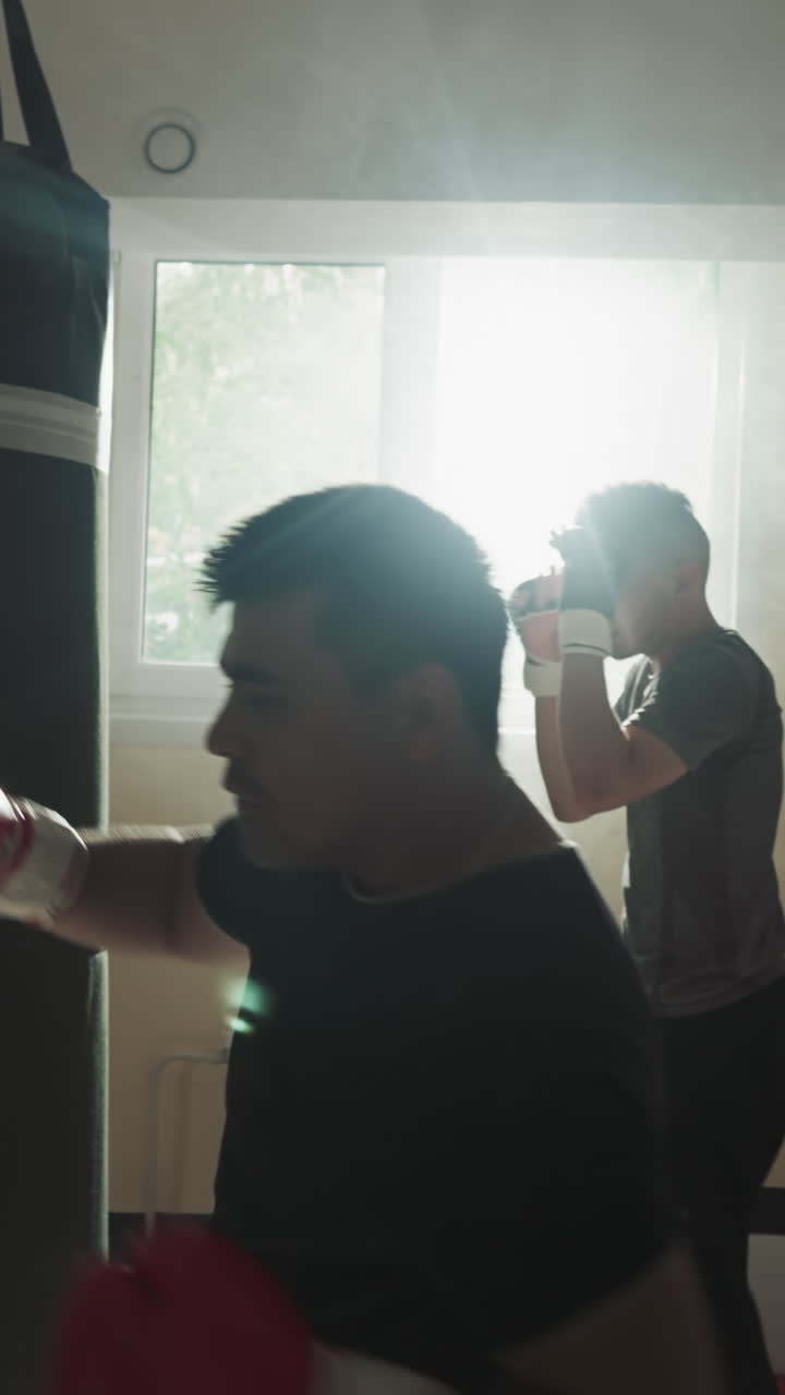 박스 팀은 체육관에서 장비를 사용하여 운동합니다. 무술 학생들은 스포츠 클럽에서 다리와 팔을 사용하여 느린 동작을합니다. 건강한 활동