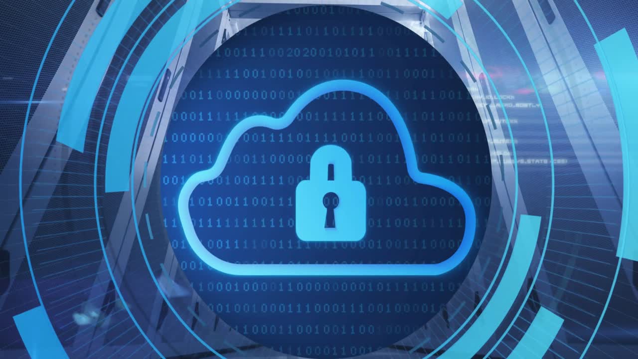 Animation of clouds with digital padlock in circle over servers