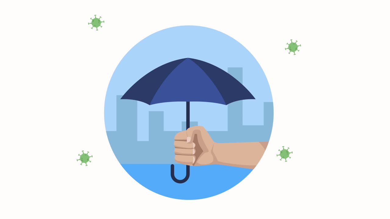 손과 우산 애니메이션으로 코로나19 입자