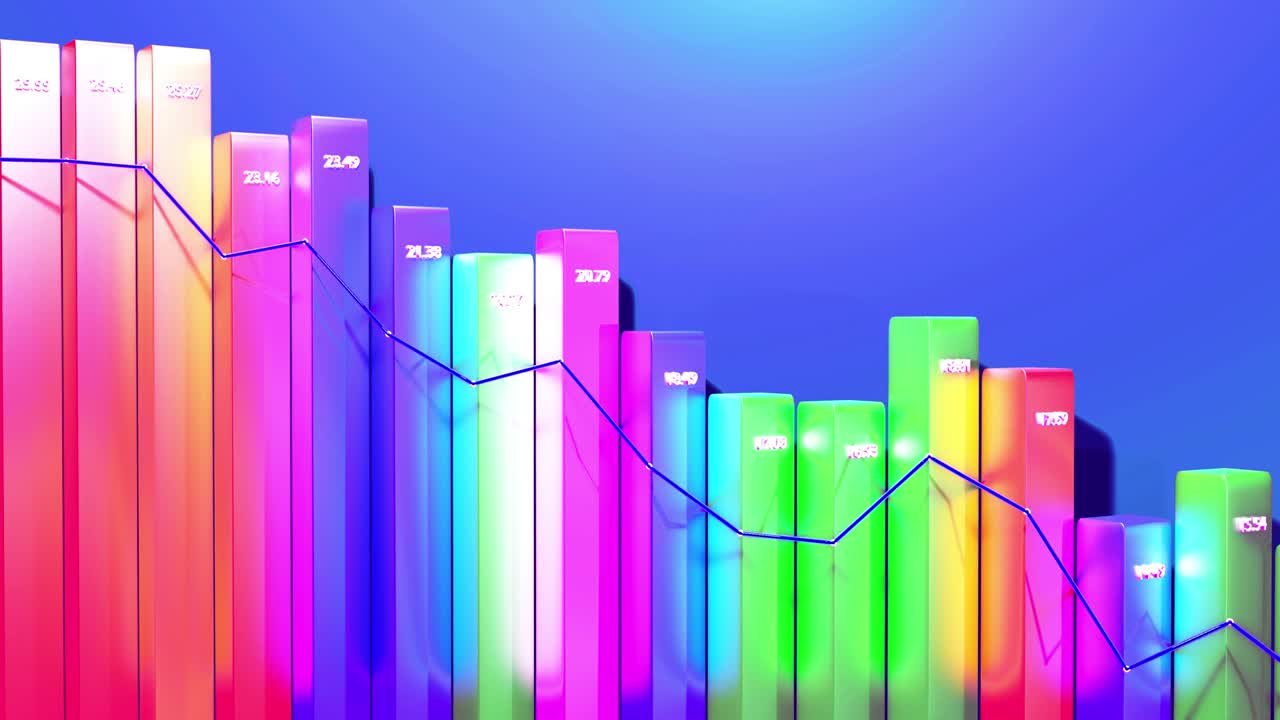 infografías en bucle abstractos de fondo con barras 3d multicolores en azul, por ejemplo. gráfico de degradación de columnas. fondo económico con espacio de copia en 4k. barras 3d como gráfico de datos estadísticos.