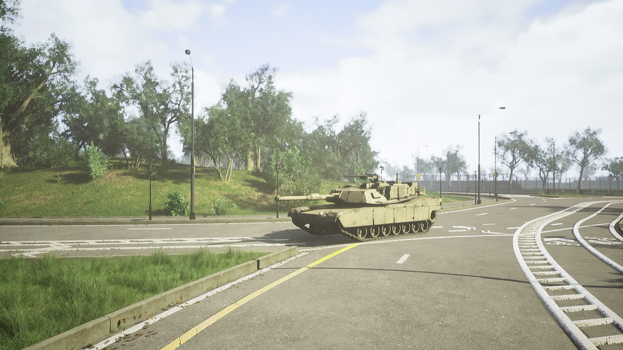 Military tank maneuvers through empty urban area on a bright sunny day