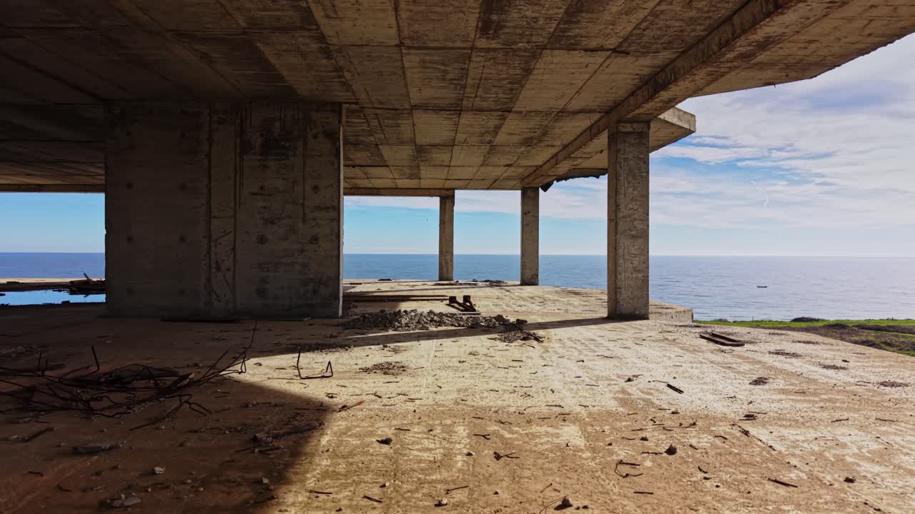 View of the ocean from an abandoned structure on the coast