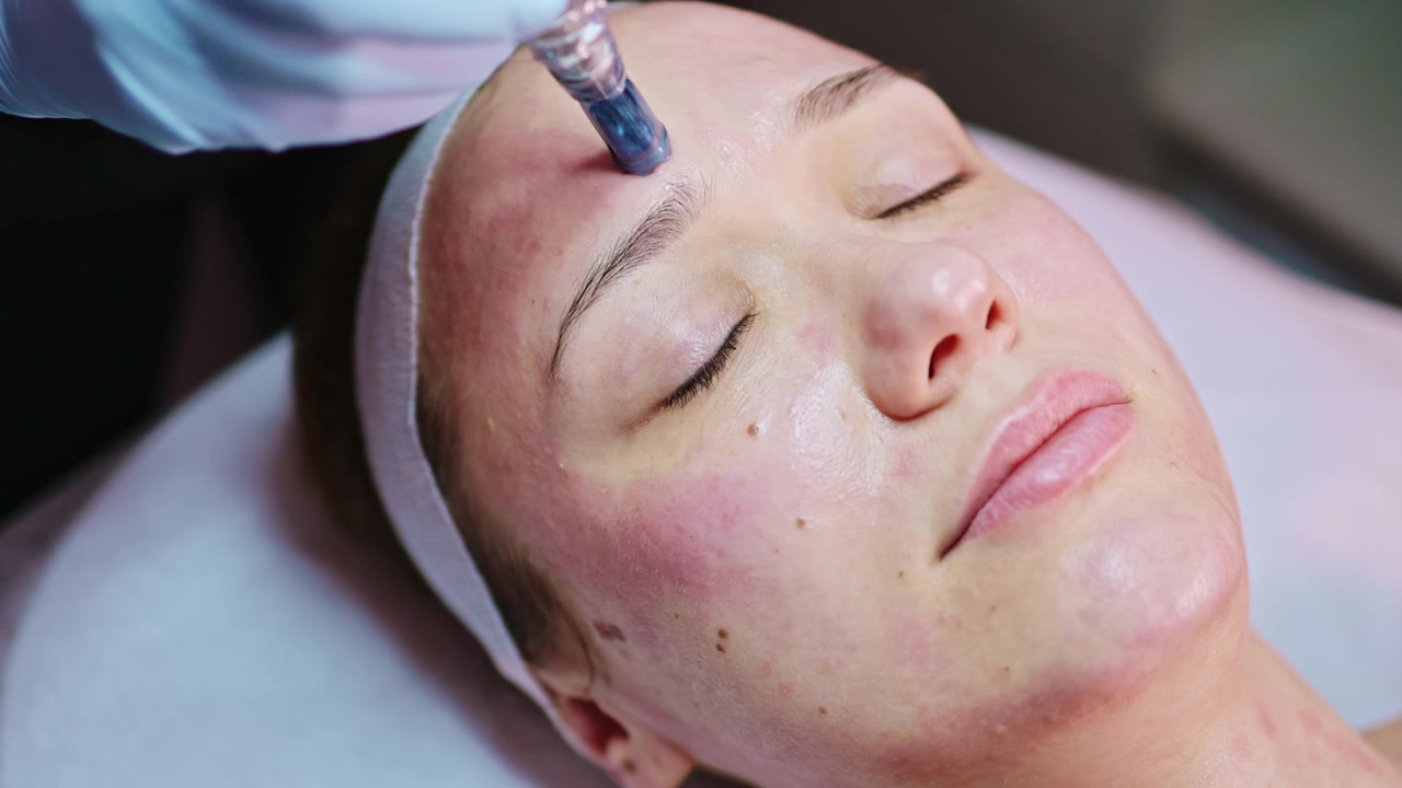 Donna che si sottopone a una sessione di trattamento cutaneo in una clinica di giorno, con uno specialista che utilizza un macchinario sul suo viso.