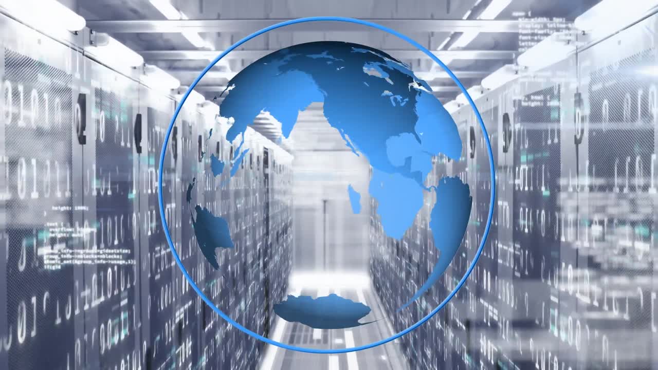 원형 지구의 애니메이션, 컴퓨터 언어 및 데이터 서버 방을 통해 이진 코드