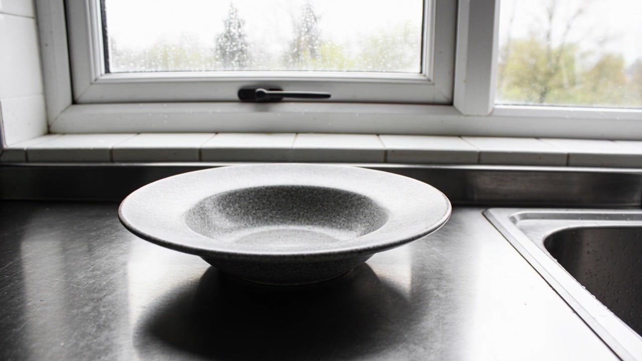 Sitting speckled bowl reflecting light on steel counter in kitchen as rain on window shifting