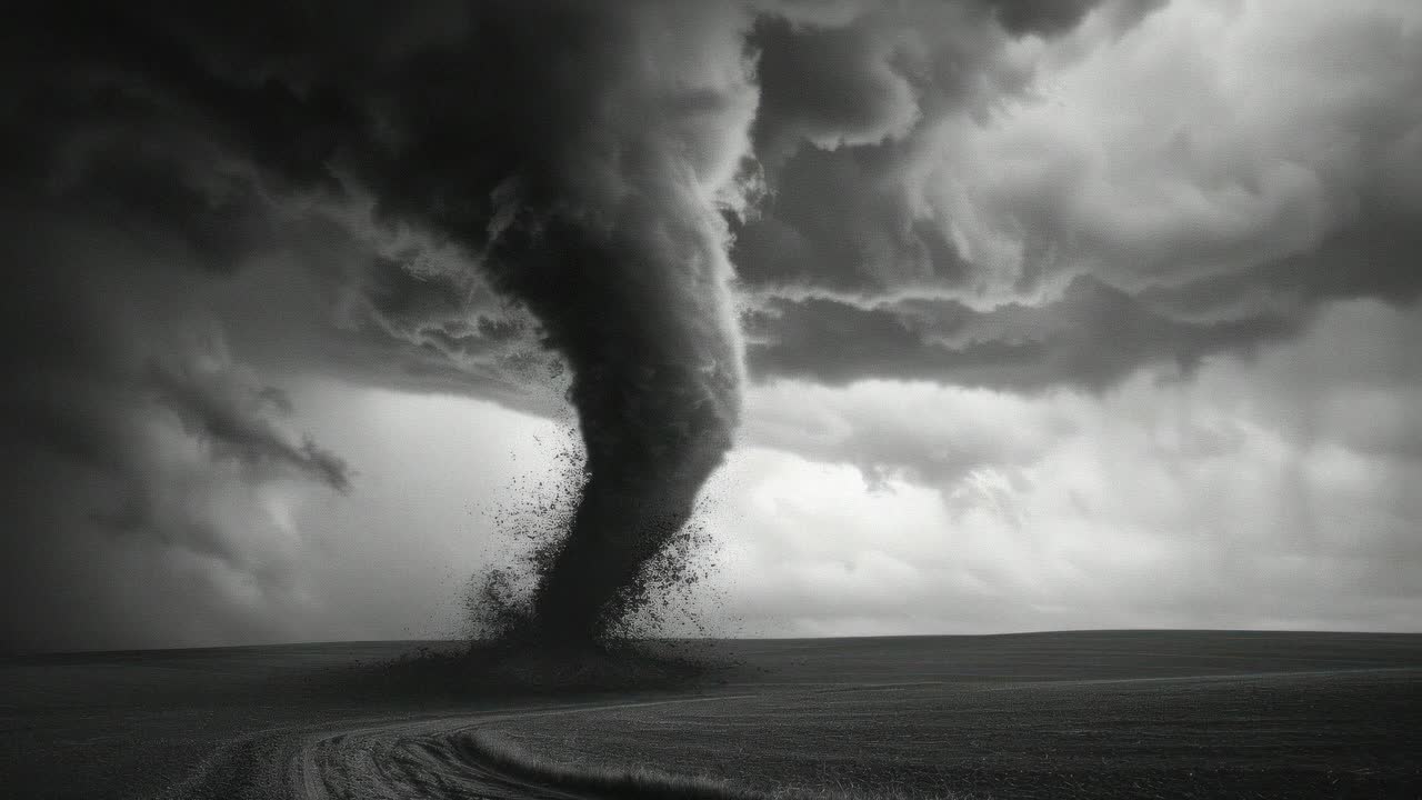 Dramatic black-and-white video still of a tornado in a vast field, captured from a low-angle