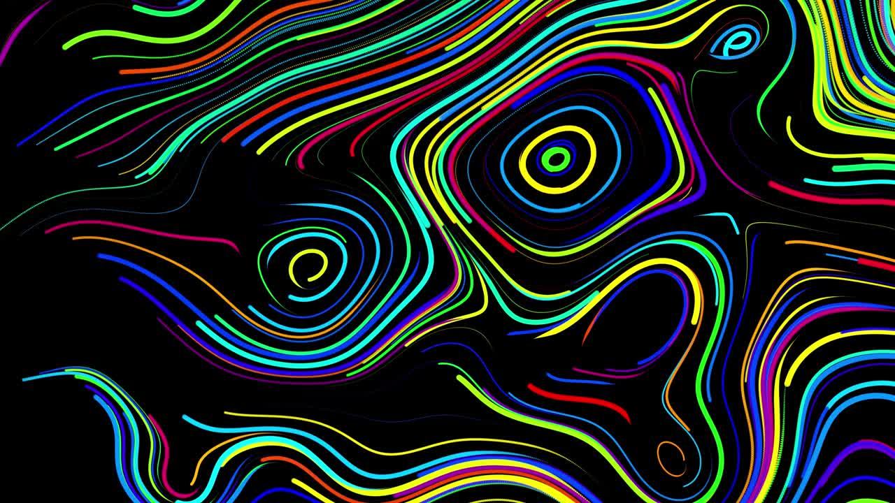 Abstract creative looped bg with curled lines like trails of different colors. Lines form swirling pattern like curle noise. Abstract 3d looping flowing animation as bright creative festive background