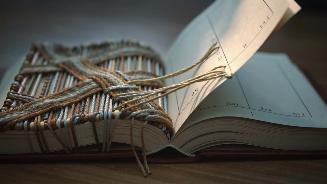 Sfogliando un libro rilegato a mano con dorso intrecciato su una scrivania di legno, la pagina di destra inizia a sollevarsi, con i cordini che si spostano.