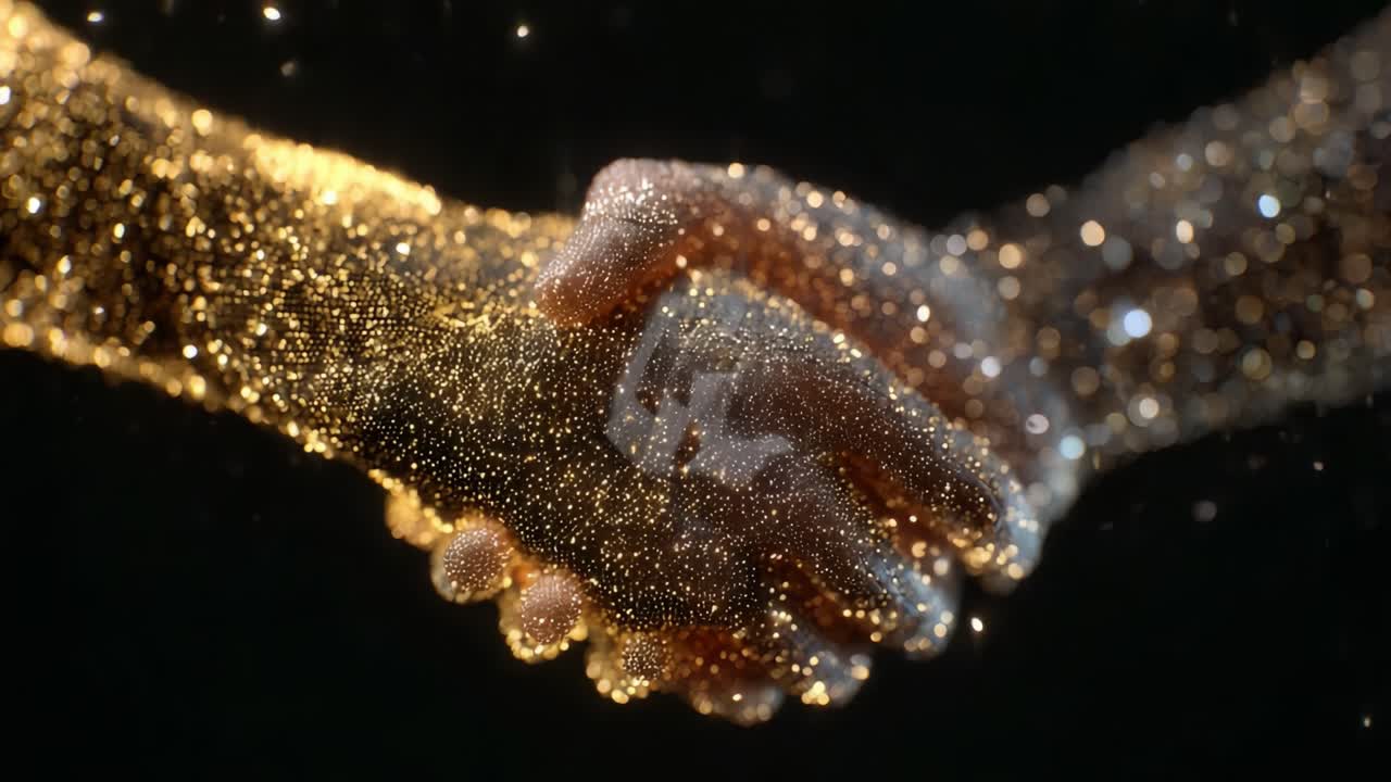 Un'affascinante fusione di oro e luce abbagliante: due mani impegnate in una potente e simbolica stretta di mano, che rappresenta unità e connessione tra particelle scintillanti