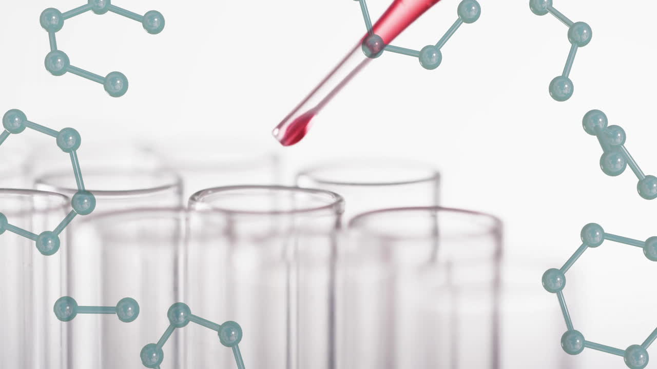 색 바탕에 실험실 접시 위의 화학 구조의 애니메이션