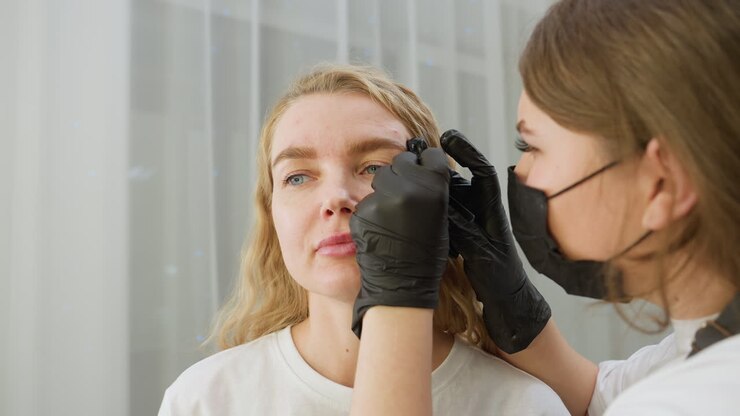 Beautician wearing black gloves and face mask gently picks eyebrow of calm blonde-haired client seated in salon, with sheer white curtains in background and soft indoor lighting setting relaxing mood