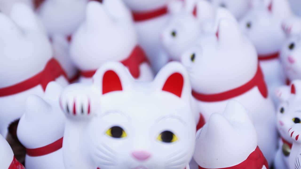 Foto detail patung Maneki-neko putih kecil di kuil Tokyo.