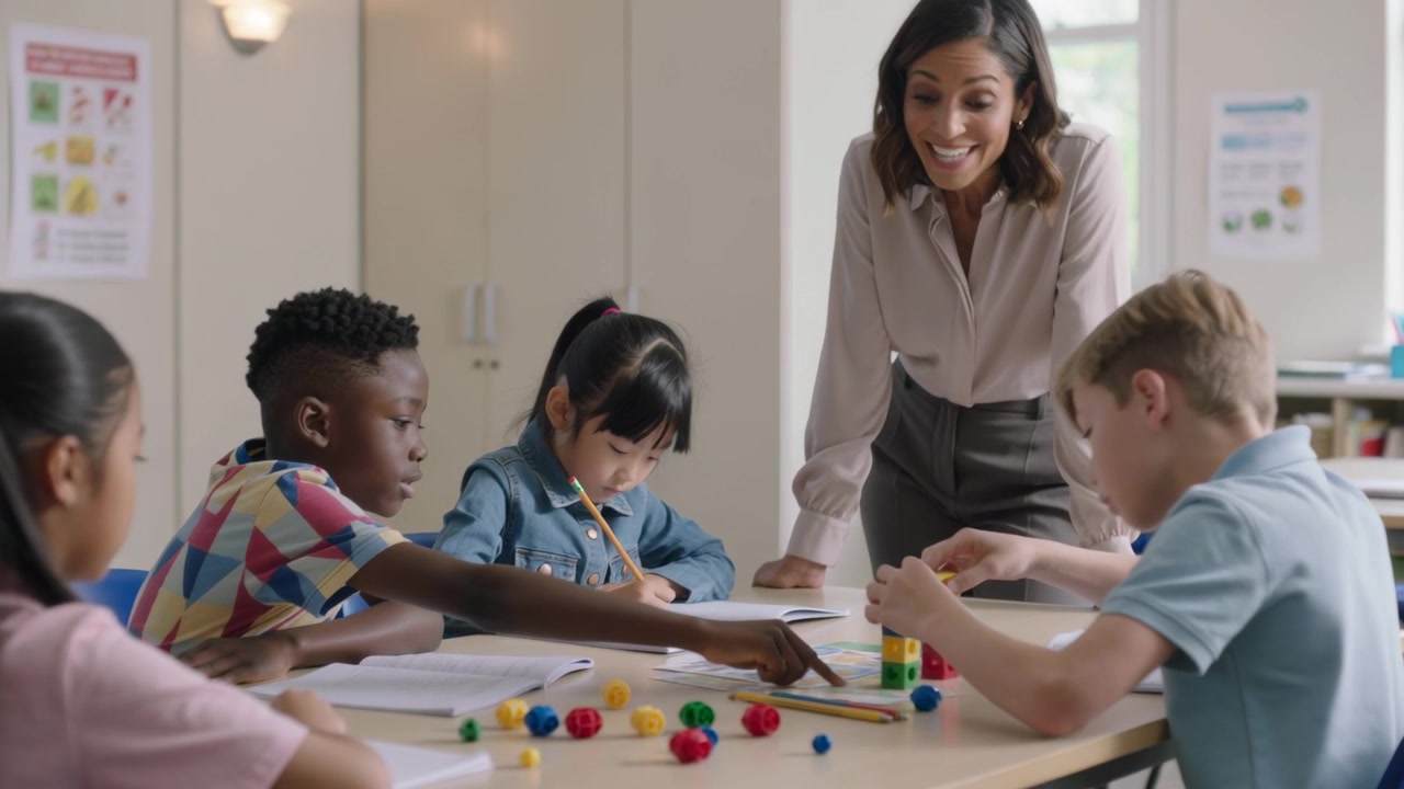 Donna sorridente che si sporge in avanti, protendendosi verso una torre, mentre guida i bambini che impilano cubi a un tavolo scolastico.