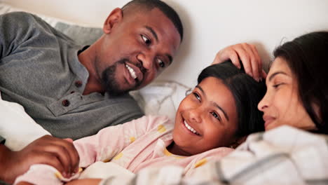 Parents,-girl-kid-and-bed-with-talking