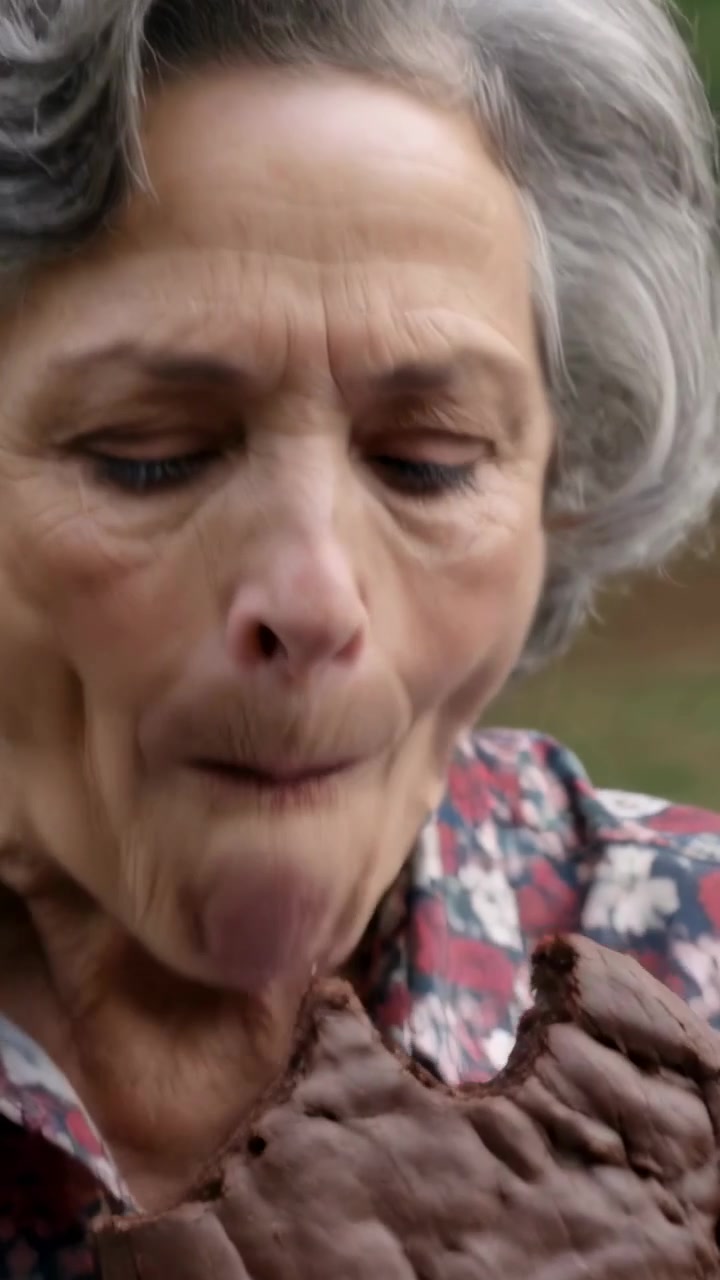 Video vertical: Mujer mayor con camiseta floral llevando un brownie enorme a la boca, sintiendo la textura en una manta de picnic