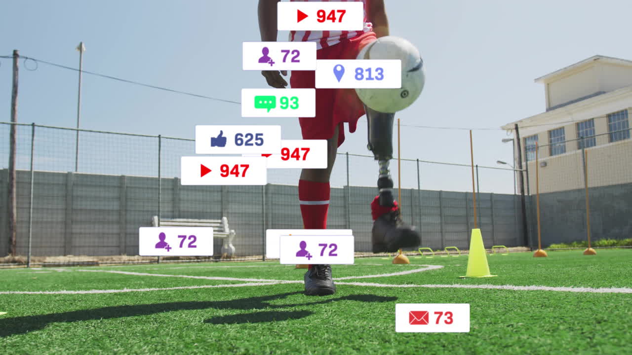 Male athlete practicing soccer training on artificial turf, showing social media marketing icons