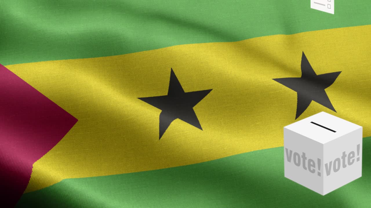las papeletas de votación vuelan a la caja para la selección de são tomé y príncipe - caja de votación frente a la bandera - elección - voto - bandera de são tomés y príncipe - bandera de sao tomé y principe de alto detalle - bandera nacional de são tomé y príncipe patrón de onda elementos loopable