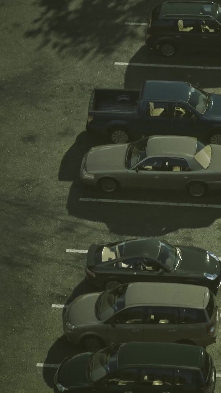Auto parcheggiate in un parcheggio di giorno con ombre a terra.